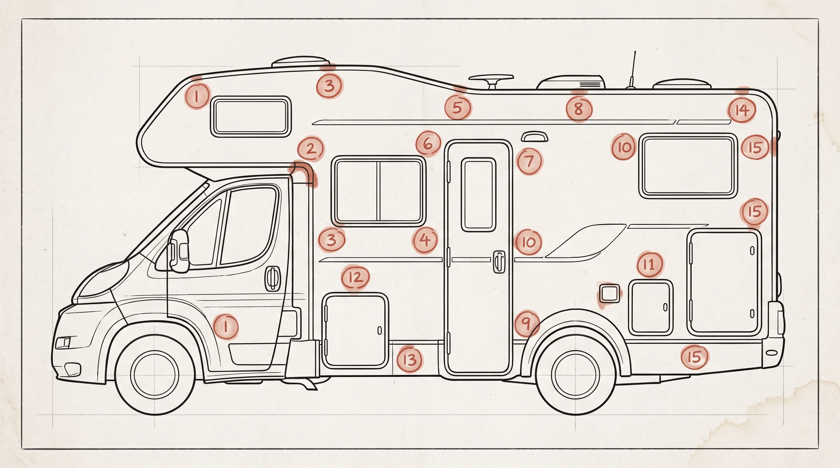 Line-drawn side elevation of a coachbuilt motorhome with four numbered test points circled in grease-pencil red at the seams and skirts