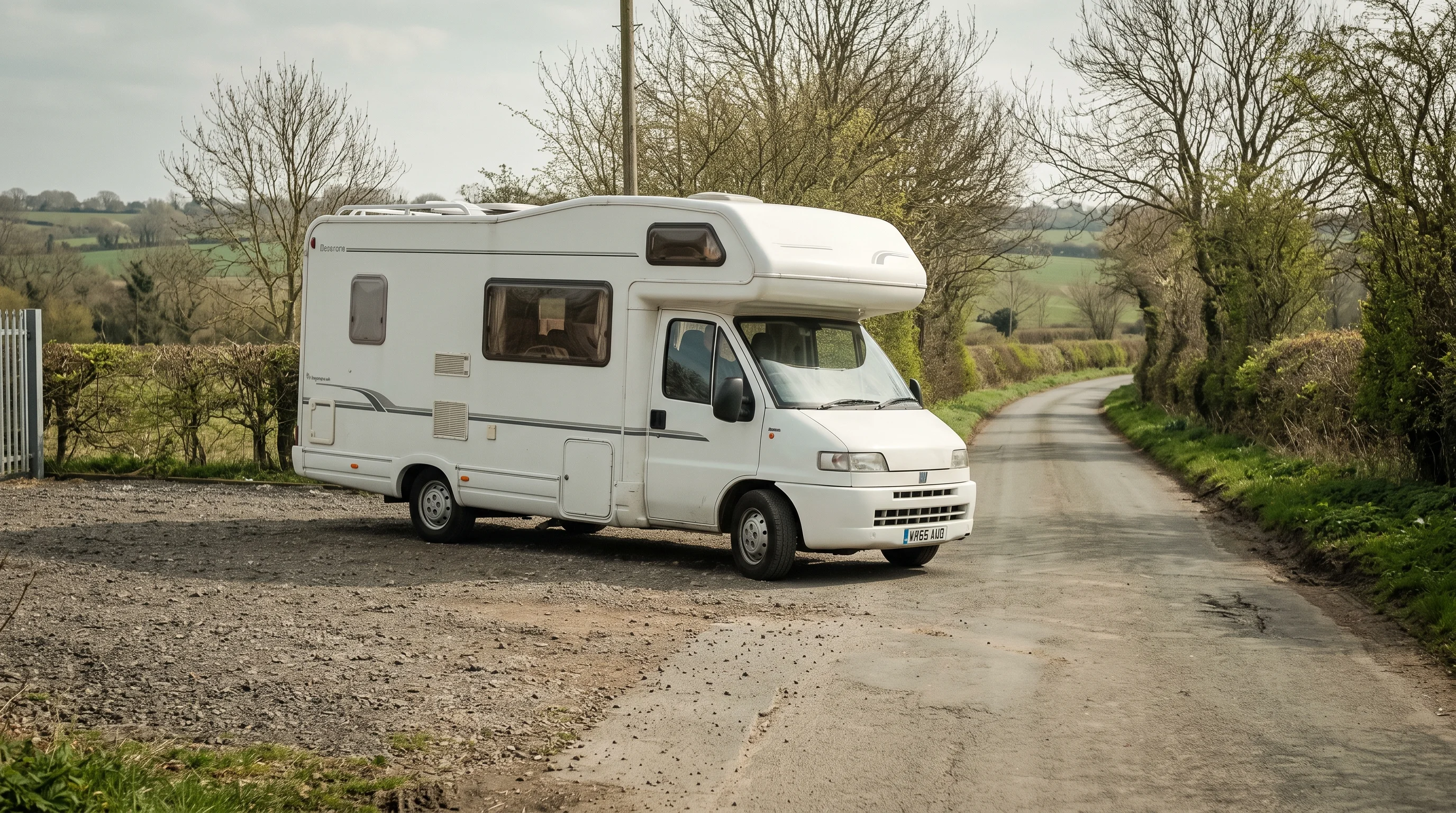 An older coachbuilt motorhome pulling out of a gravel workshop yard onto a narrow hedgerowed lane in thin spring sunshine
