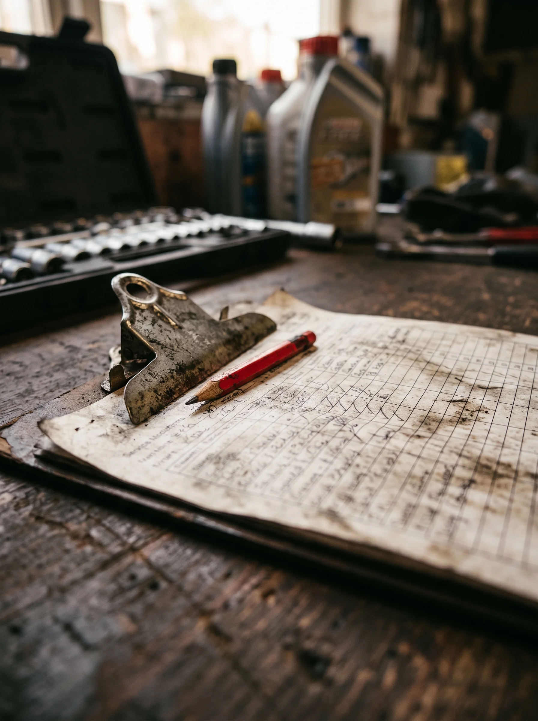 A clipboard on a plywood bench holding a handwritten job card with tabulated figures and initials, a grease pencil resting across it